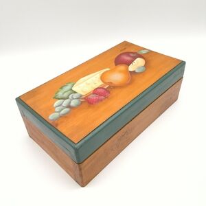 Vintage Hand-Painted Fruit & Cheese Wood Trinket Box - Signed "Sheila '95"